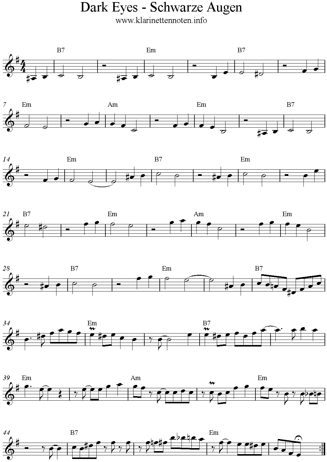 Noten Schwaze Augen klarinette, Clarinet